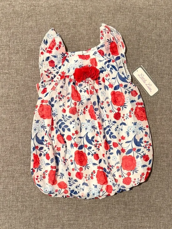 NWT Little Lass White Floral Bubble Romper with Red and Navy Flowers 9m