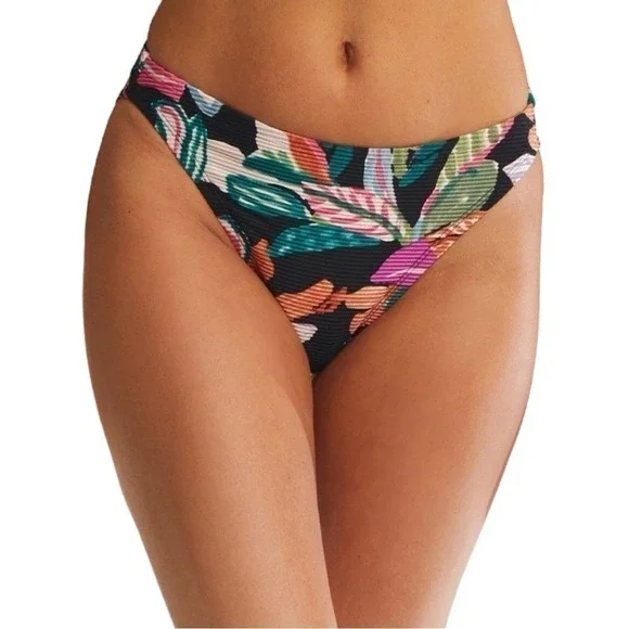 Time and Tru Womens Tropical Ribbed High Leg‎ Cheeky Bikini Bottoms Black 2X NWT