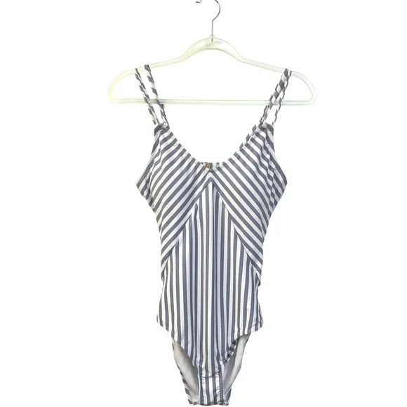 C‎ Apparel Grey White Striped One Piece Swimsuit V-Neck Open Back Size M