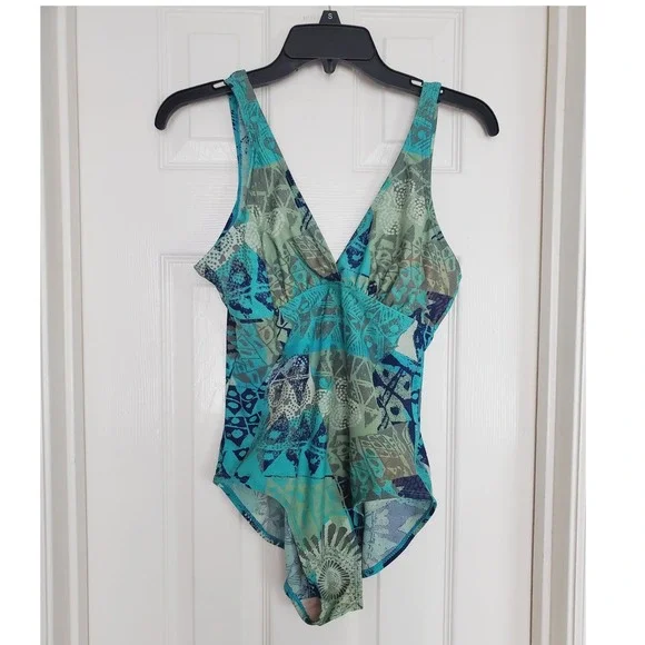 Vtg Islander One Piece Swimsuit Teal Green Abstract Geometric V-Neck Swimwear 16