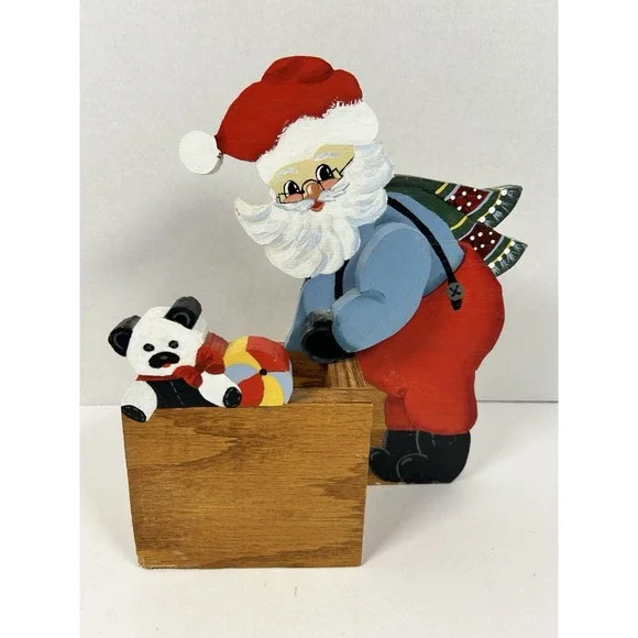 Handmade Wooden Painted Santa & Toys Freestanding Decor VTG