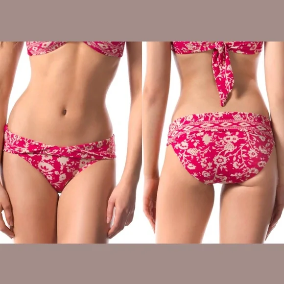 NEW Robin Piccone‎ 'Flora' Twist C Bikini Bottom Fuschia/Cream [SZ Large ]