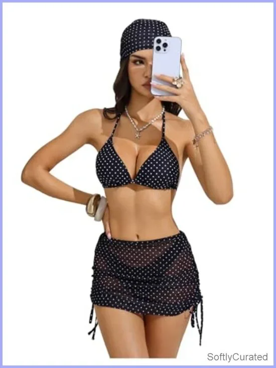Women's 4 Piece Polka Dot Bikini Set with Cover Up Skirt & Bandana