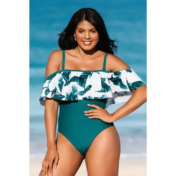 CUPSHE Women's Plus Size 0X One‎ Piece Ruffled Mid Cut Swimsuit Green Modest