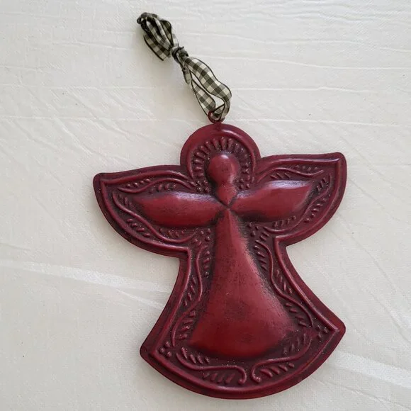 Angel Ornament Wall Decor Plaid Ribbon Burgundy Christmas Tree Religious Maroon