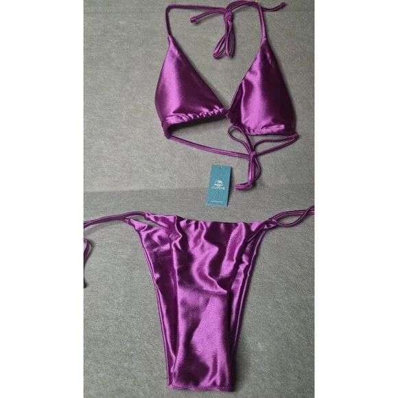 CUPSHE Satin Purple Triangle String 2pc Bikini Set Womens Sz S Tie Side Halter