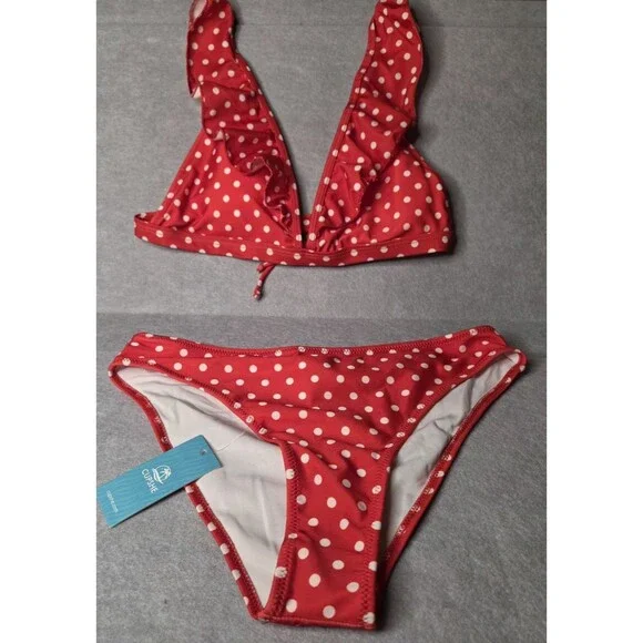 CUPSHE Red White Polka Dot Bikini Set Women's Size S Ruffle Triangle 2 Pc NWT