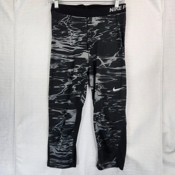 Nike Large Black Grey Nike Pro Dri-FIT Capri Leggings Abstract Marble Gym Yoga