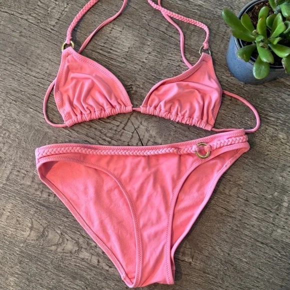 Y2K‎ Barbie Pink Braided String Bikini Set Gold Hardware XS/S
