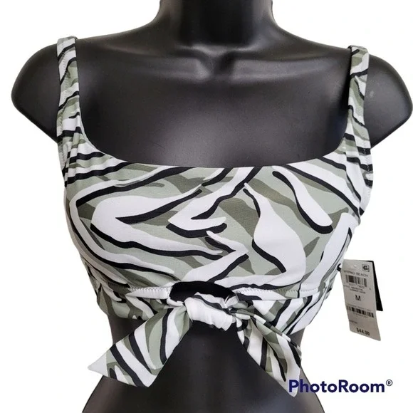 Bar III Sage Green And White‎ Hypno Beach Bikini Tie Back Top Size Medium Nwt