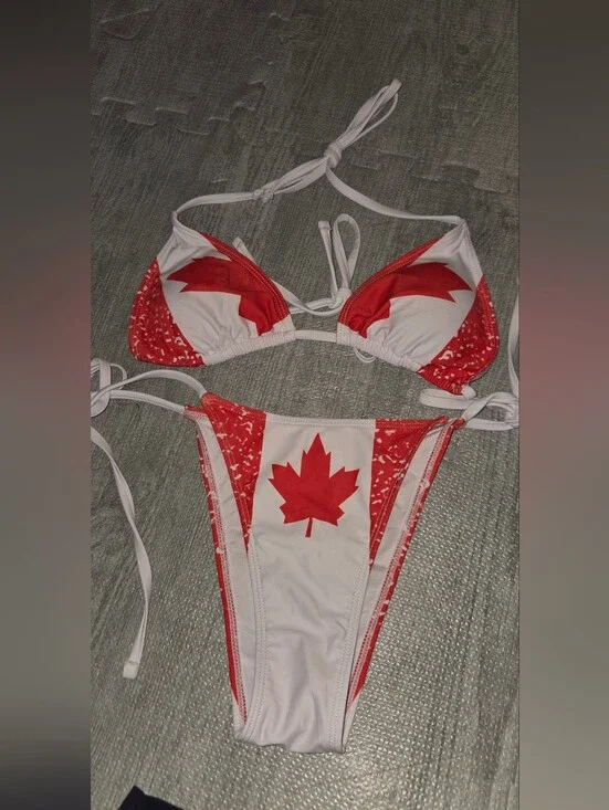NWOT Red & White Canada Flag Triangle Bikini Top and Tie-Side Bottoms Size M