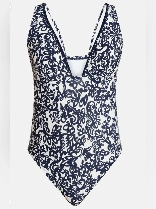 Time and Tru Navy & White Floral Print One-Piece Swimsuit