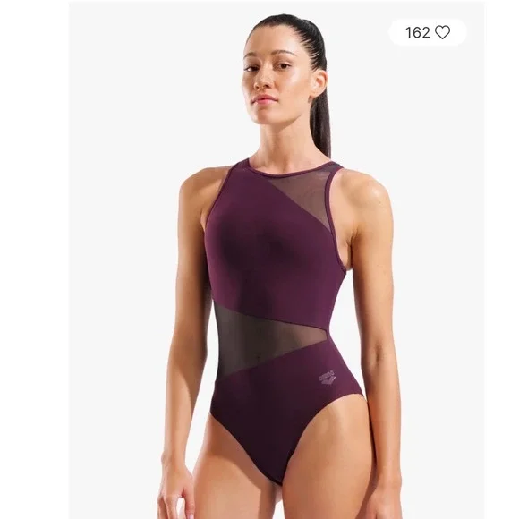 Arena Women Mesh Angle Swimsuit Vent Back Bordeaux Purple One Piece Size 40 NEW