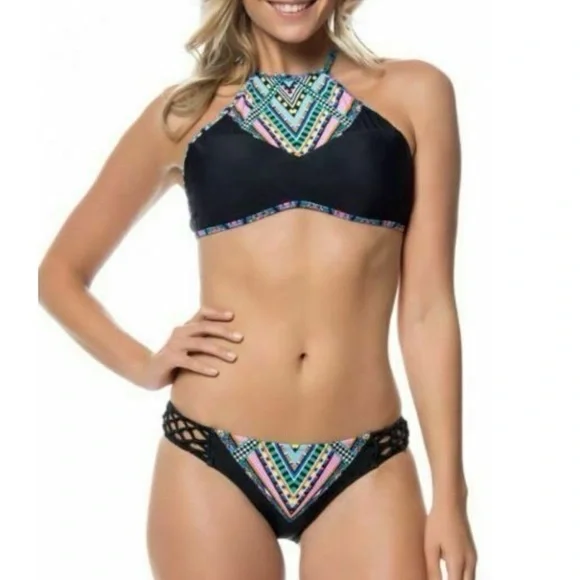 NEW Jessica Simpson Venice Beach High Neck Hipster Bikini Black Blue Green Pink