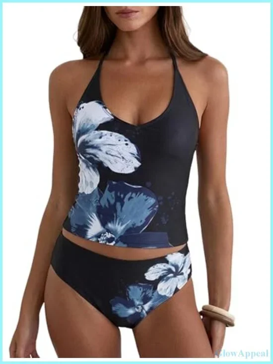 Halter Neck Tummy Control Tankini Set with Floral Print and High Rise Cheeky