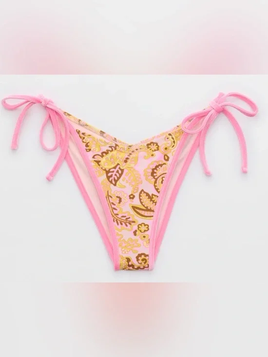 NWT Aerie Low Rise Tie Cheekiest Bikini Bottom Paisley Pink Velvet - Sz M