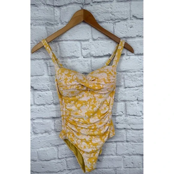 Nip Tuck Swim Yellow White Floral One Piece‎ Swimsuit Ruched Tummy Control US 4