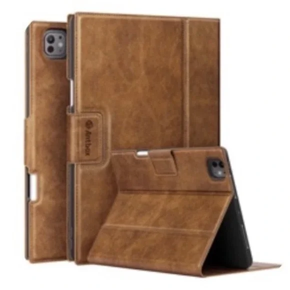Antbox iPad Pro 13 inch Case Brown Vegan Leather Folio Cover with Pencil Holder