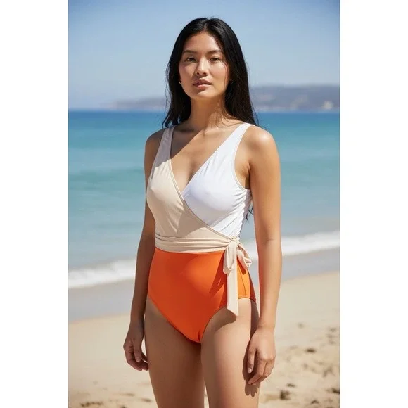 Cupshe Women's Bowknot Bathing Suit Padded One Piece Swimsuit Orange White Small