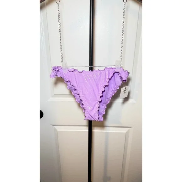Citrus Purple Metallic Ruffle Ruched Back Bikini Bottom UPF 50+ Womens Large