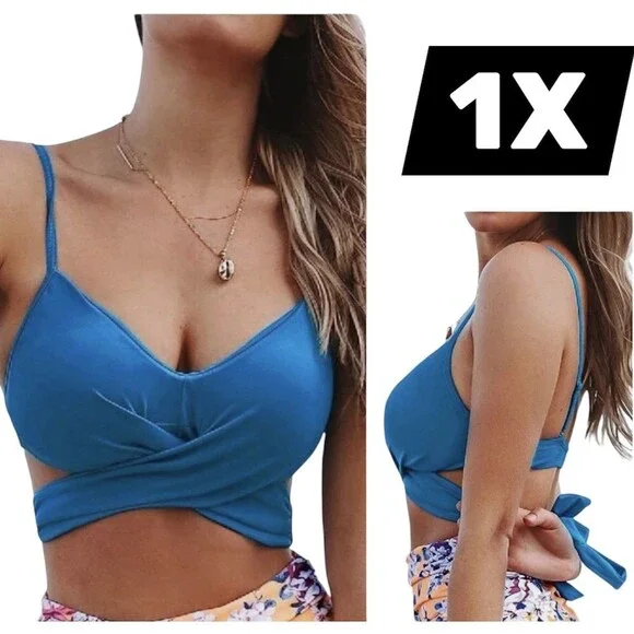 Cupshe Women’s 1X Bikini Swim Top Teal Strappy Tie Back Light Contour Lining