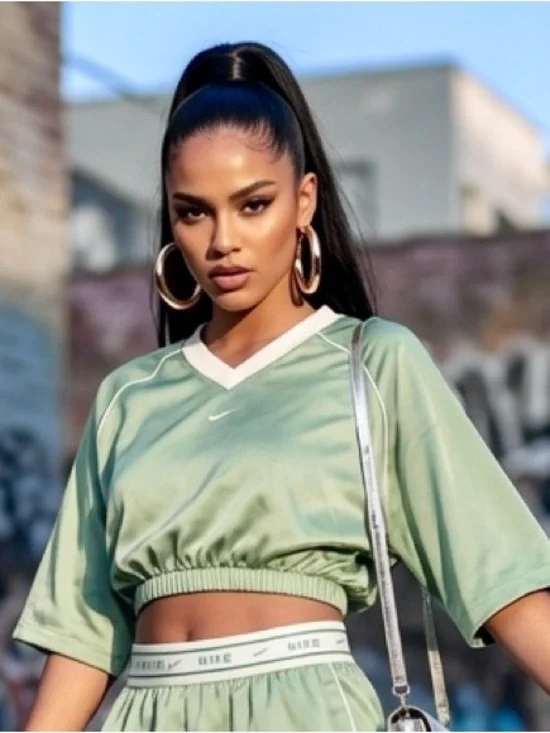 Nike Sage Green Cropped V-Neck Athletic Top with White Trim