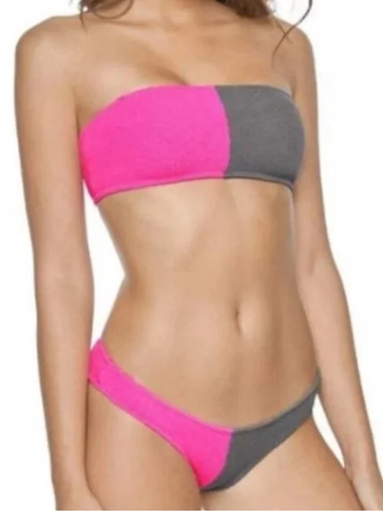 New PilyQ Acai Reef- Two Toned Bandeau Bikini Set Color Block Pink Gray Sz M