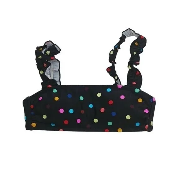 No Boundaries Bikini Top Black Rainbow Polka Dot Ruffle Straps Juniors S 3-5