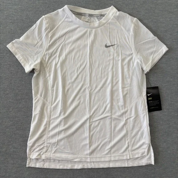 Nike Women White Dri-FIT Running Mesh Panel Short Sleeve Workout Tee Shirt M NEW
