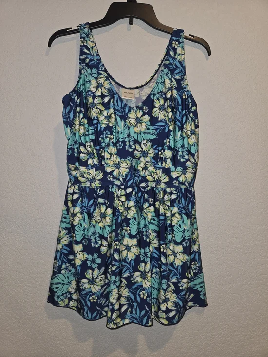 Blair Women's Floral Swimdress Wide Strap Blue Green Yellow Size 16 Regular