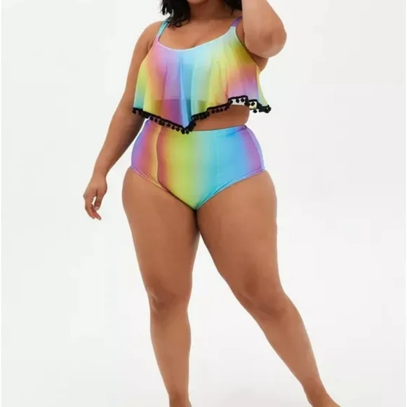 NWOT TORRID 2X Rainbow Mesh V-Flounce Bikini Top