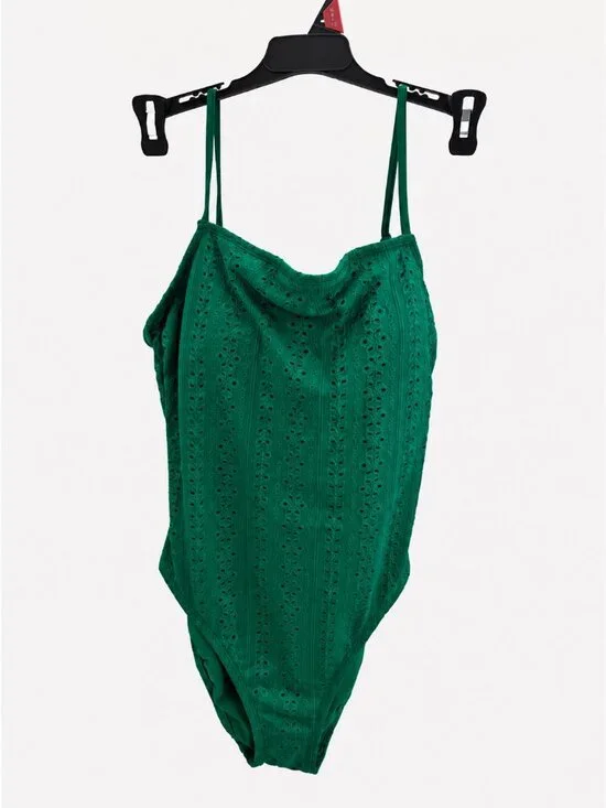 Time and Tru Womens Emerald Green Eyelet One Piece Swimsuit Cheeky High Leg M
