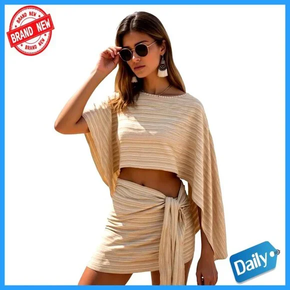 Off Shoulder Crop Top and Wrap Skirt Set Long Sleeve Two Piece Vacation Dress