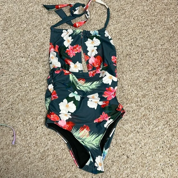 B2PRITY Monokini Floral Floral Halter Top Neck Tie Slimming One Piece Swim M