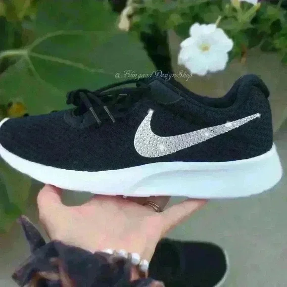 Nike Swarovski Women's Nike Tanjun Sneakers Black White Customized with Crystals