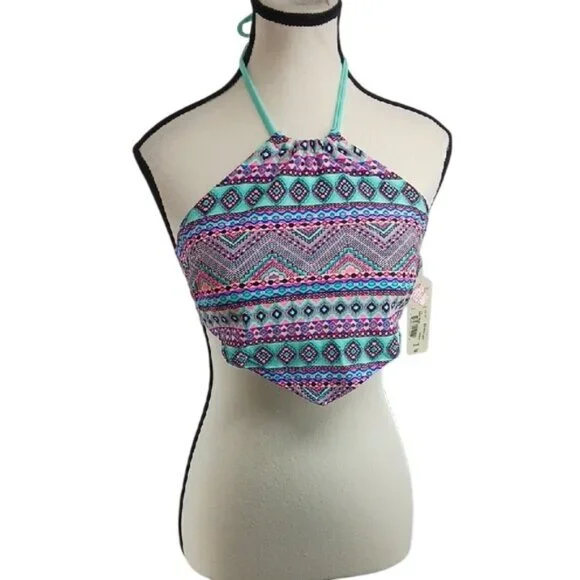 Arizona Swim Top Halter Blue Geometric Print Removable Pads Bandana Size Small