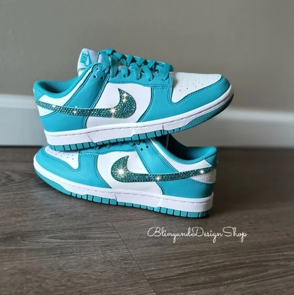 Nike Dunk Low Womens Teal Sneakers Shoes Customized with Swarovski Crystals
