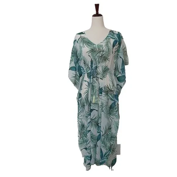 Kona Sol Leaf Print Bathing Suit Beach Cover Up Women’s Size XL Green White 1035