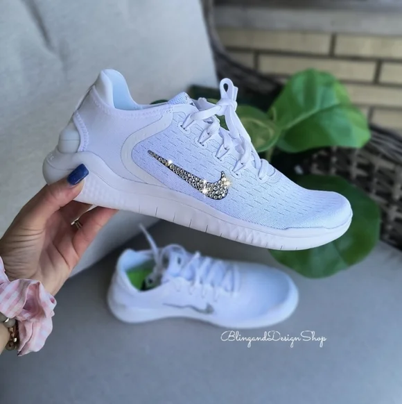 Bling Nike Free RN 2018 White Sneakers Customized with Crystal Rhinestones