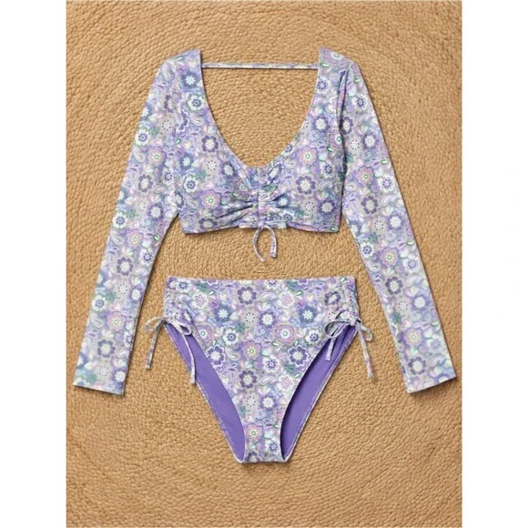 NWT Adore Me Floral Long Sleeve Bikini Set Rash Guard Swim Sz S/M Top S Bottom M