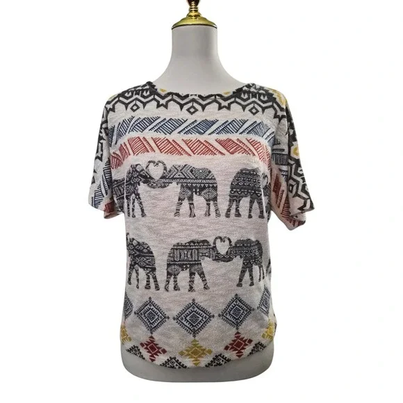 Ginger G Elephant‎ Print Knit Top Boho Tribal Short Sleeve USA Made Size S