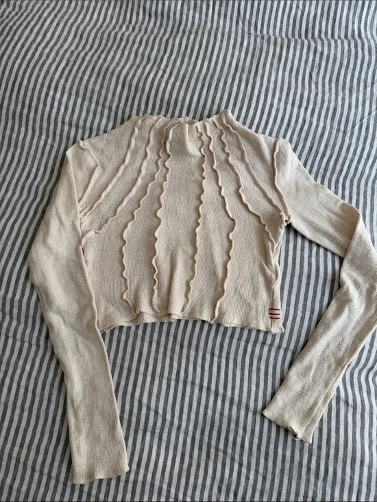 BDG Cream Cropped Ruffle-Trim Long Sleeve Top