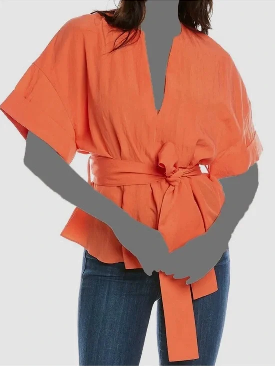 $295 Vince Women's Orange Cuffed Cotton V-Neck Blouse Top Size XL