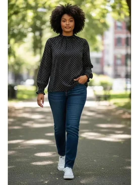 anthropologie Pleione Black & White Poke A Dot Longsleeve Work Top Sz.1X