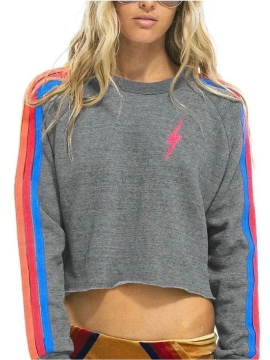 Aviator Nation Women’s cropped Charcoal Crewneck Sweatshirt with neon Stripes