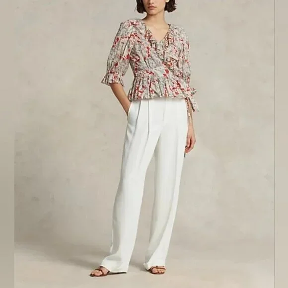 Polo Ralph Lauren Ruffled Floral Cotton Wrap Top Size XS NWT