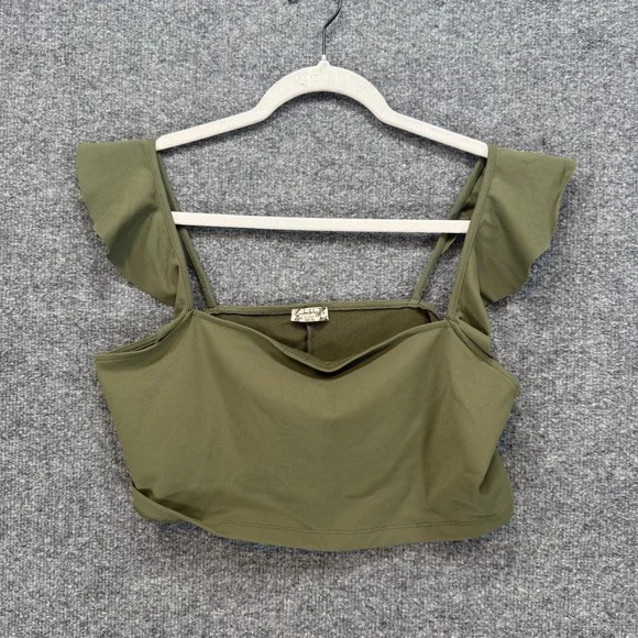 Free People‎ Crop Top Women Large Olive Green Ruffle Shoulder Square Neck Boho