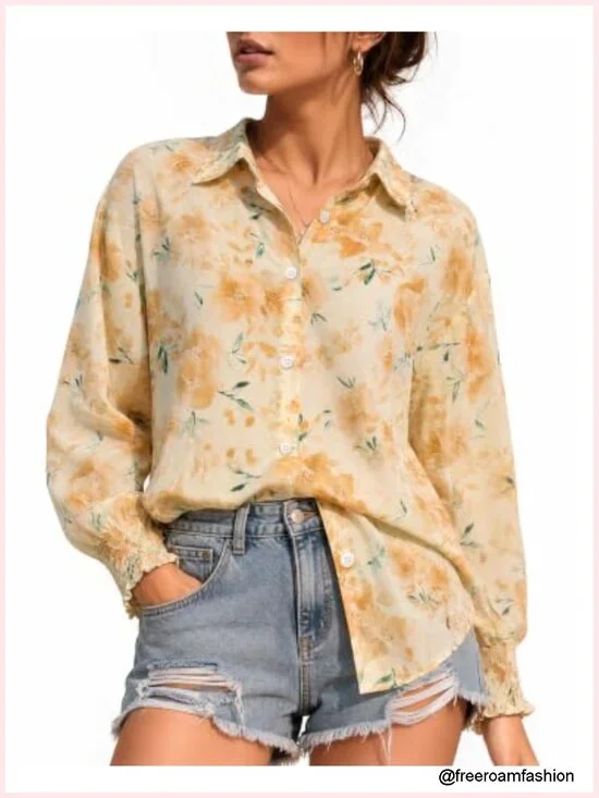 Boho Floral V Neck Button Down Blouse Long Sleeve Smocked Cuffs