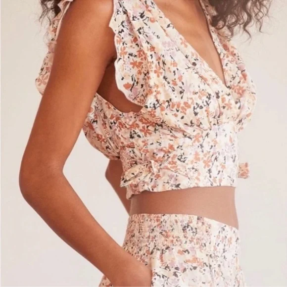 Free People Pretty Dayz Floral Ruffle Smocked tie crop top women size XS