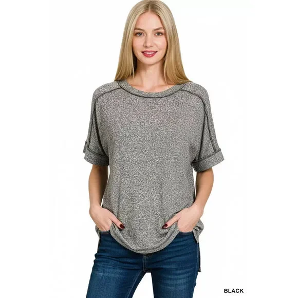 Zenana Full Size Soft Melange Hacci Short Sleeve Hi-low Tee Plus Size
